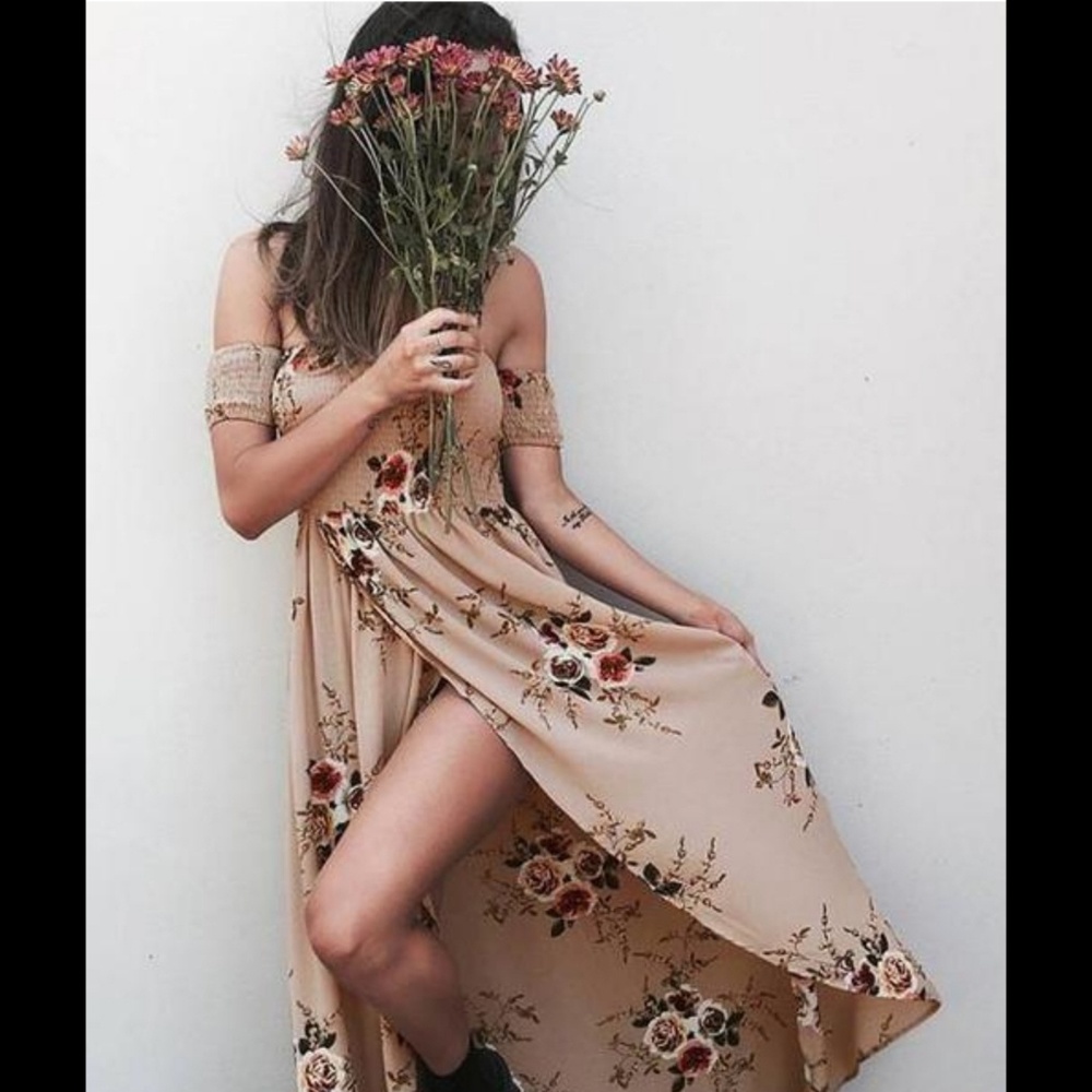 Boho tan floral smocked off the shoulder maxi dress with slit